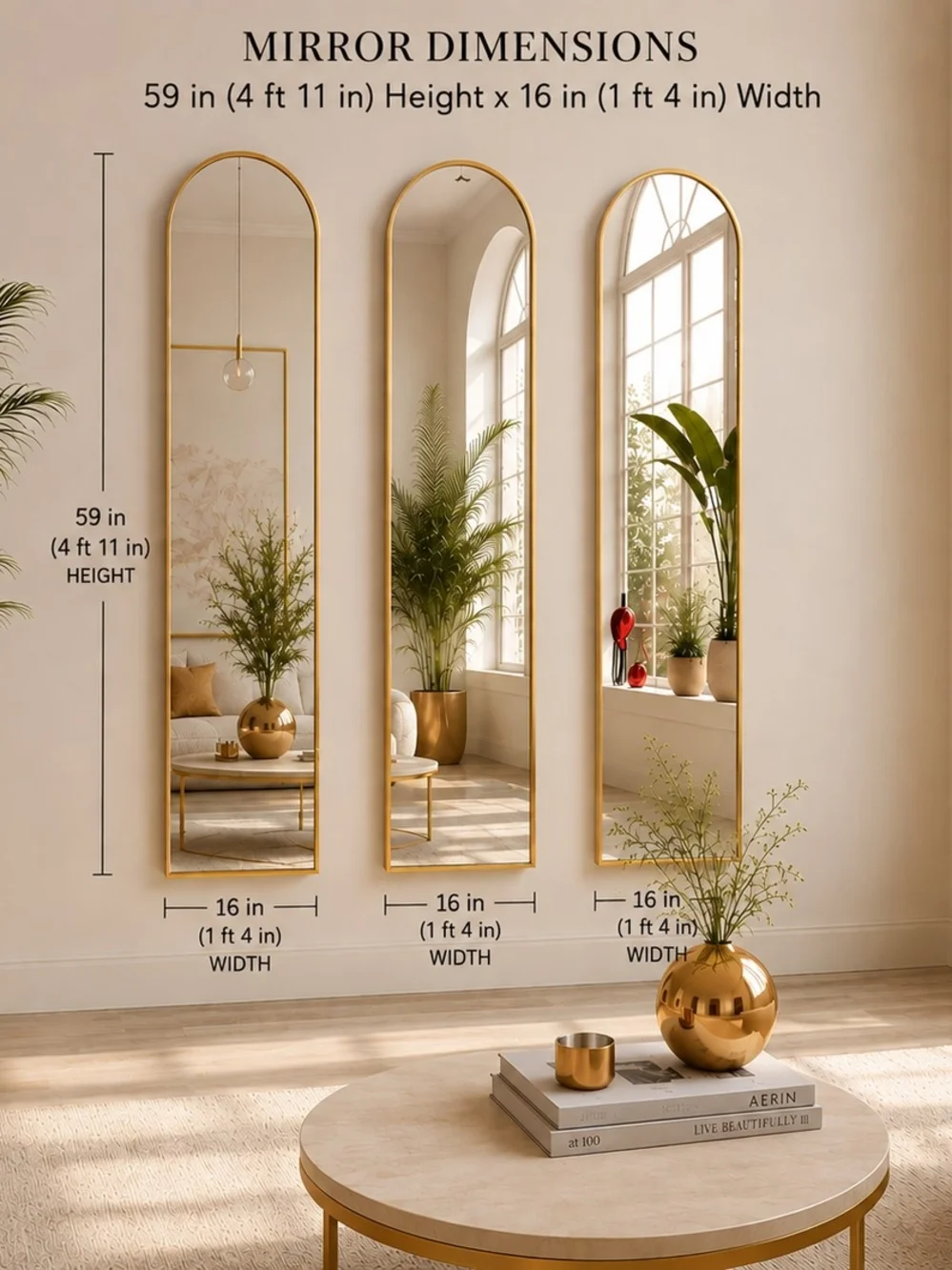 3 Gold Full-Length Arch Floor Mirror - Elegant Home Wall Decor